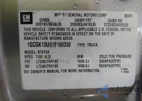 2001 Chevrolet Silverado 1500Hd Ls z USA, uszkodzony, nr VIN 1GCGK13U91F190330